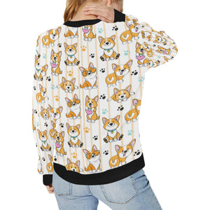 Cute dog corgi striped background pattern Women's Crew Neck Sweatshirt