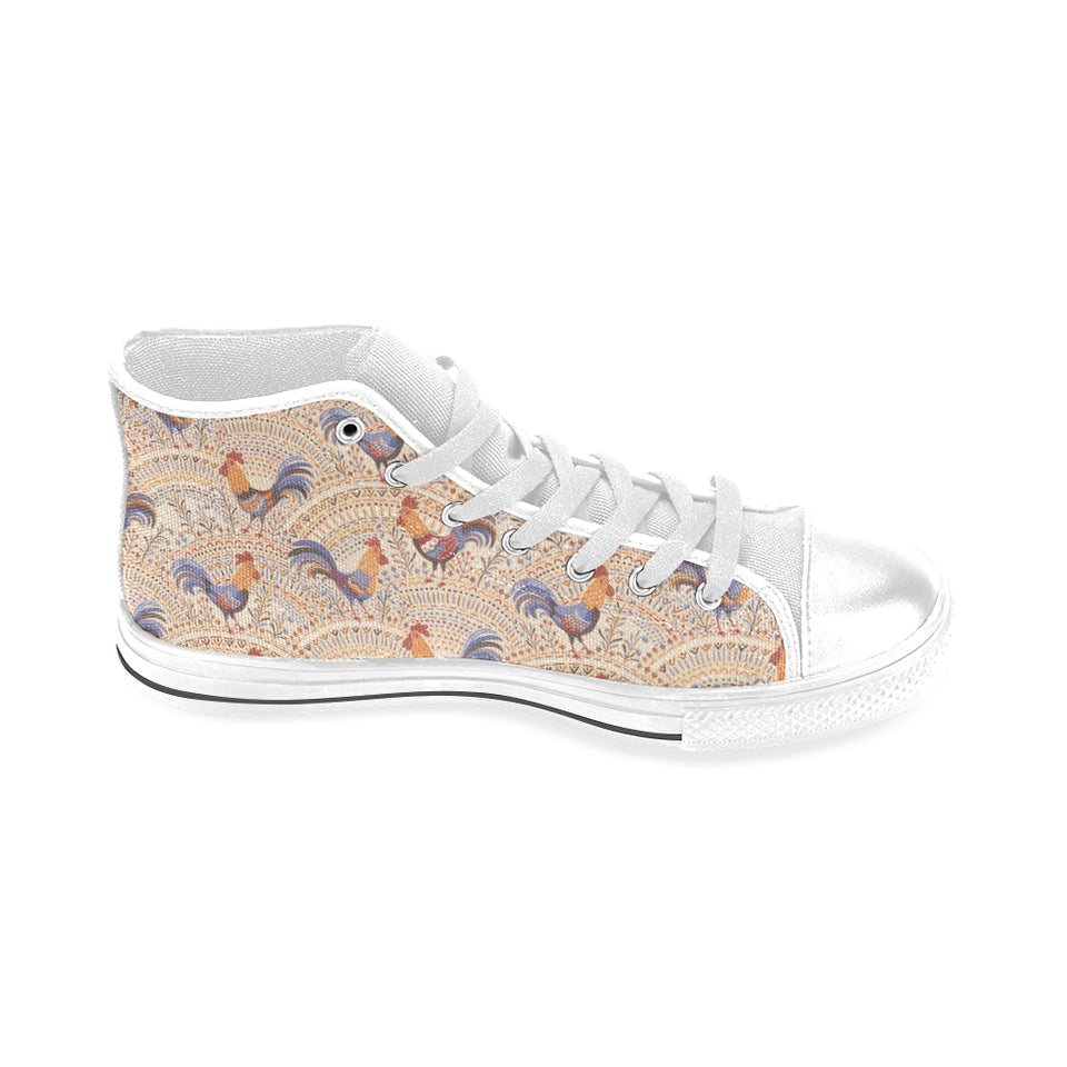 Cute rooster chicken cock floral ornament backgrou Men's High Top Canvas Shoes White