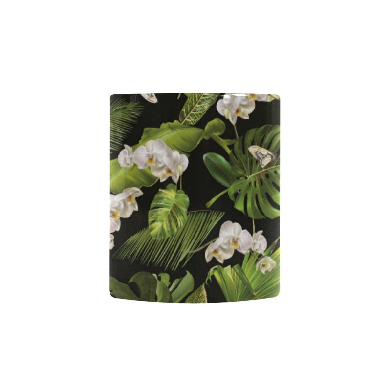 White orchid flower tropical leaves pattern blackg Morphing Mug Heat Changing Mug