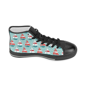 Red White sailboat wave background Women's High Top Canvas Shoes Black
