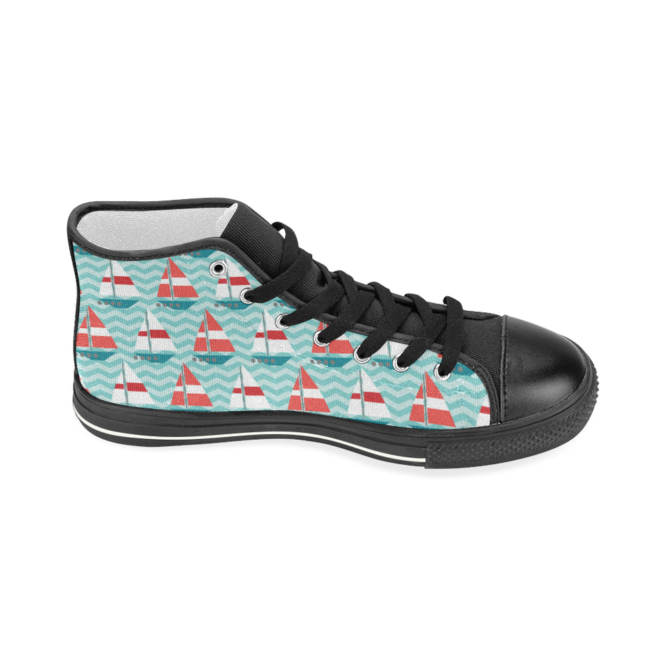 Red White sailboat wave background Women's High Top Canvas Shoes Black
