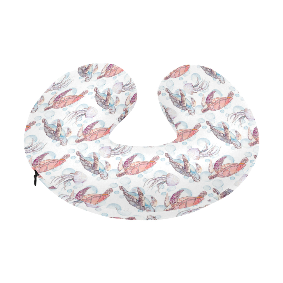 Watercolor sea turtle jellyfish pattern U-Shaped Travel Neck Pillow
