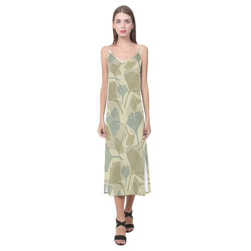 Ginkgo leaves design pattern V-Neck Open Fork Long Dress