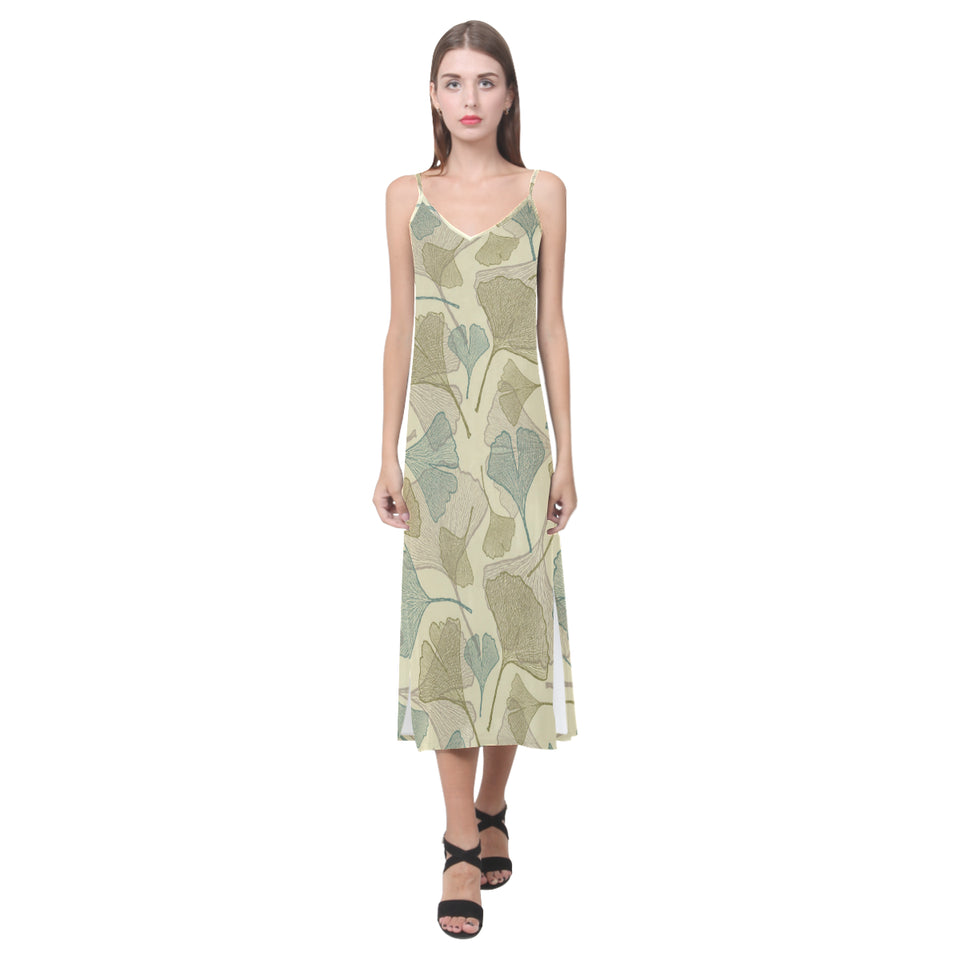 Ginkgo leaves design pattern V-Neck Open Fork Long Dress