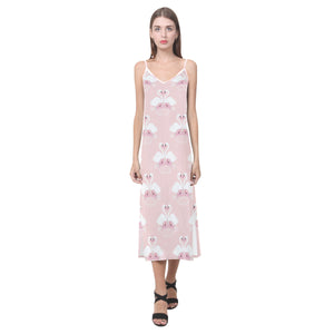 White swan and flower love pattern V-Neck Open Fork Long Dress
