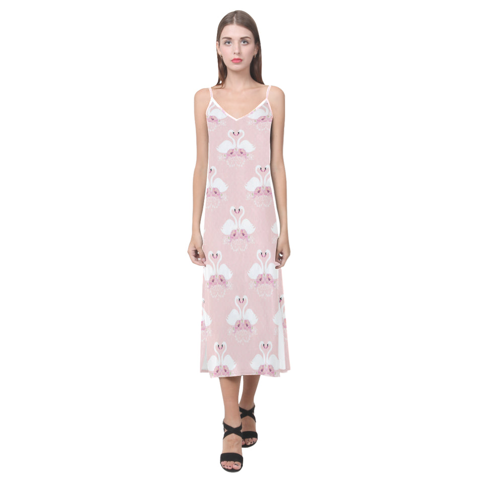 White swan and flower love pattern V-Neck Open Fork Long Dress
