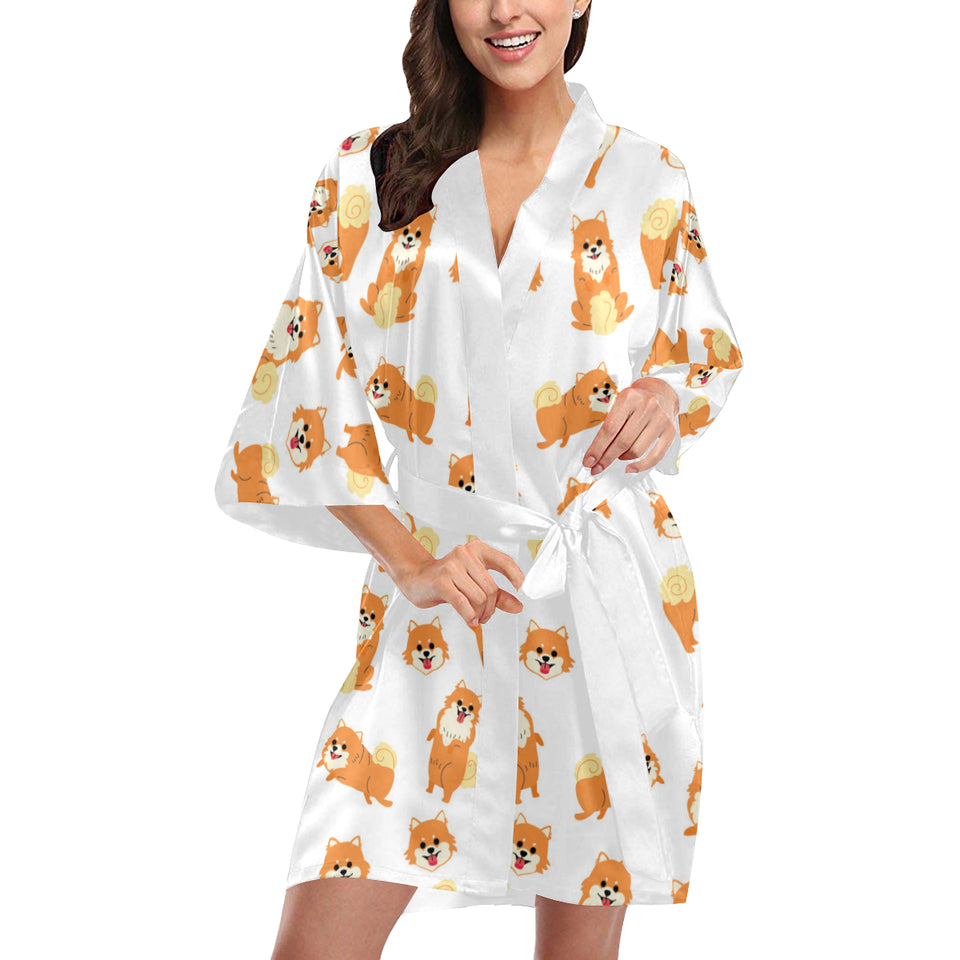 Brown pomeranian pattern Women's Short Kimono Robe