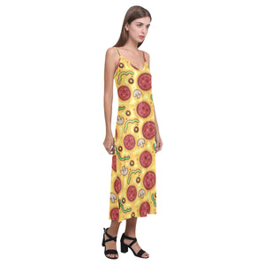 Pizza texture pattern V-Neck Open Fork Long Dress