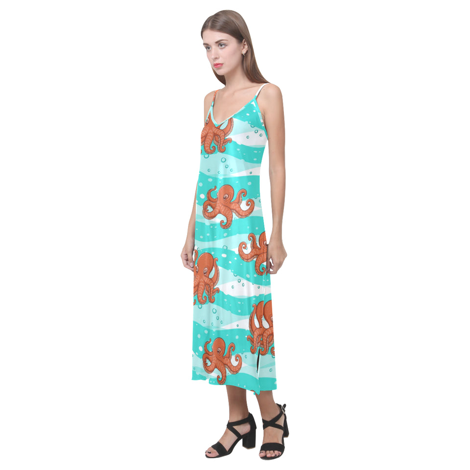 Octopuses sea wave background V-Neck Open Fork Long Dress