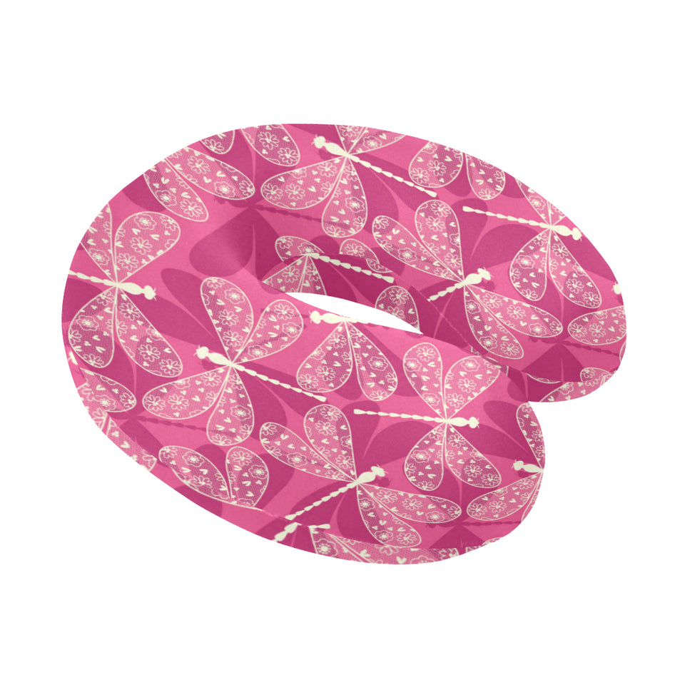 Beautiful dragonfly pink background U-Shaped Travel Neck Pillow