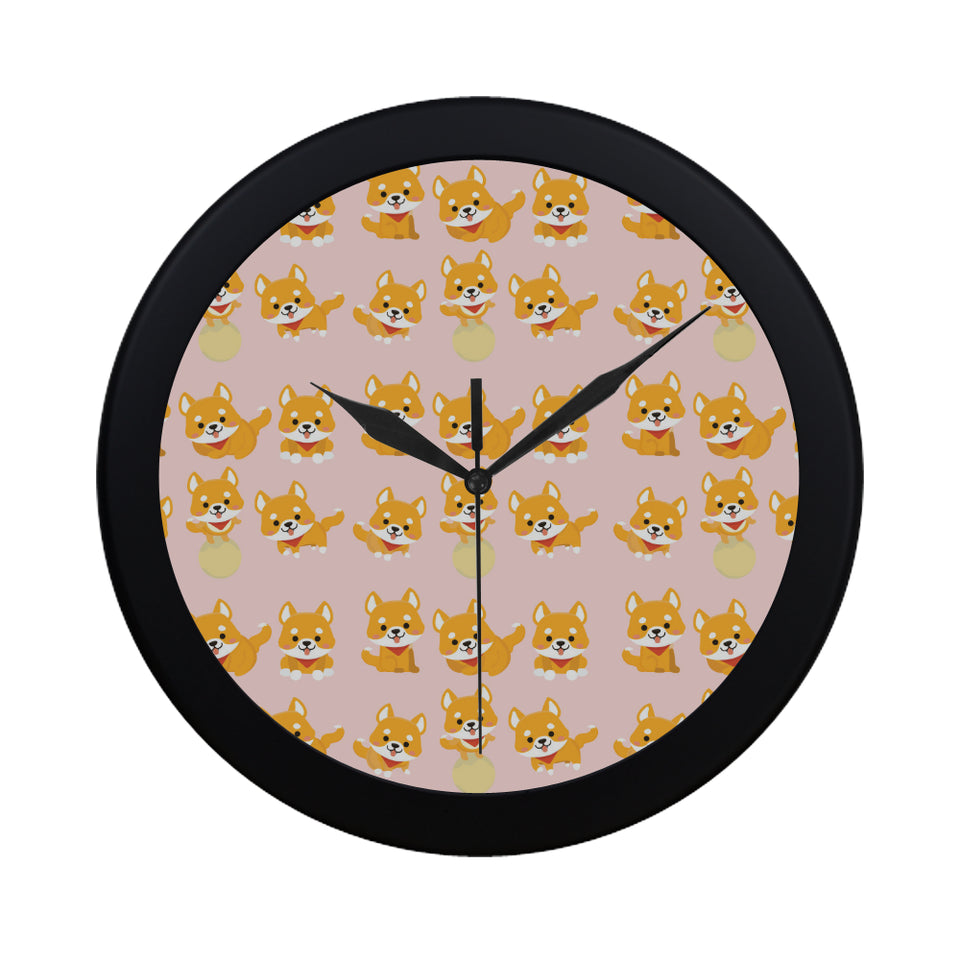 Cute shiba inu dog pattern Elegant Black Wall Clock