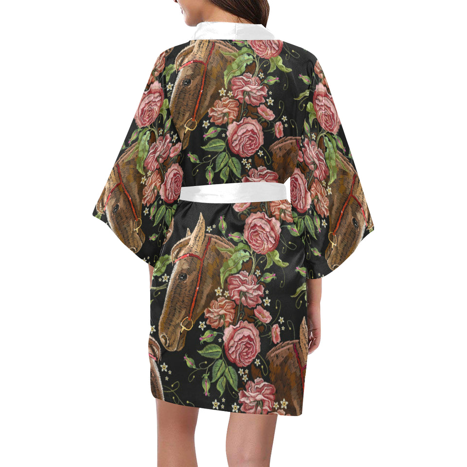 Horse head wild roses pattern Women's Short Kimono Robe