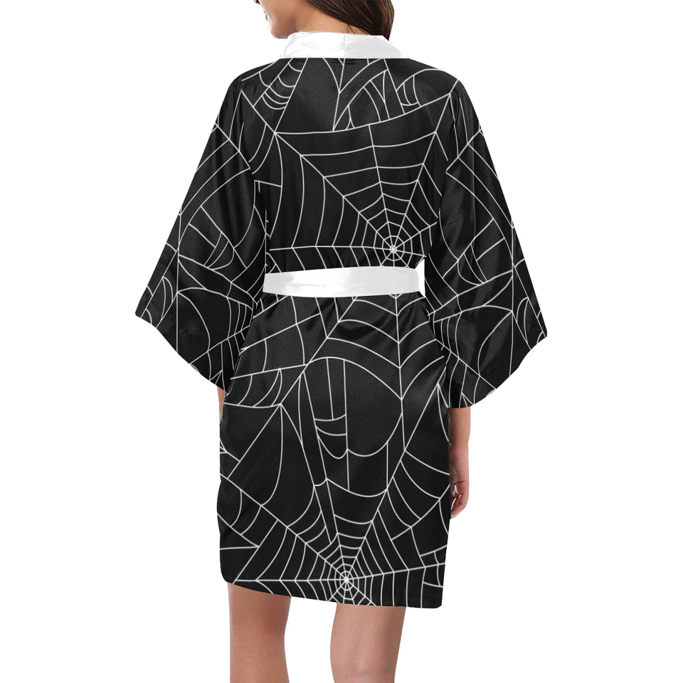 Spider web pattern Black background white cobweb Women's Short Kimono Robe