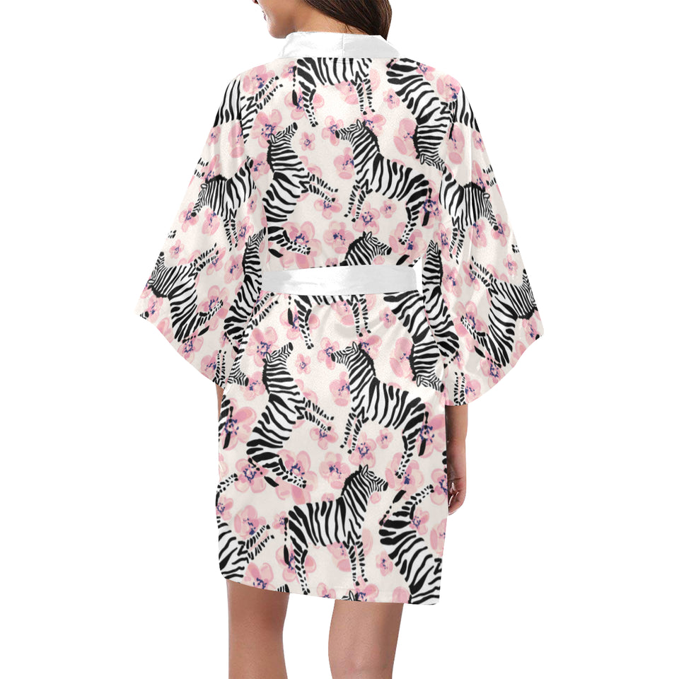 Zebra pink flower background Women's Short Kimono Robe