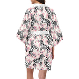 Zebra pink flower background Women's Short Kimono Robe