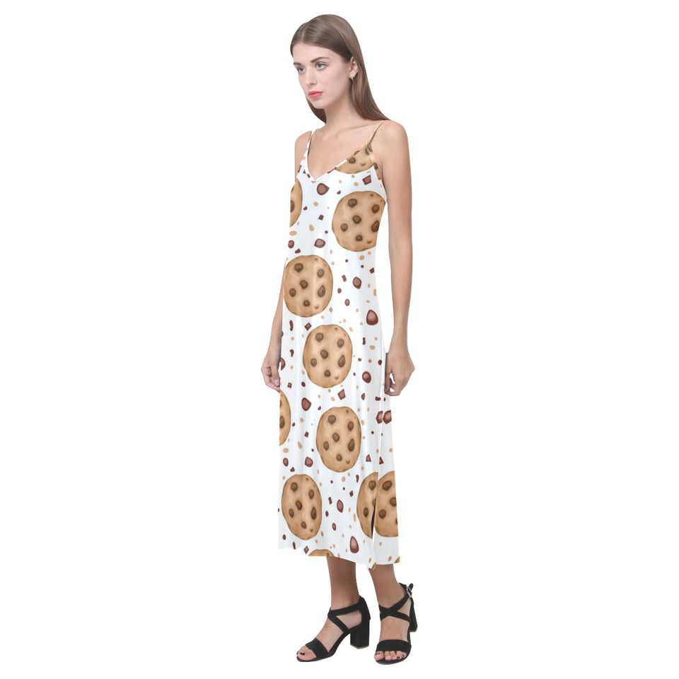 chocolate chip cookie pattern V-Neck Open Fork Long Dress