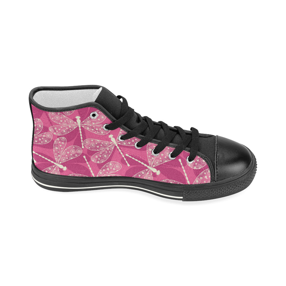 Beautiful dragonfly pink background Women's High Top Canvas Shoes Black