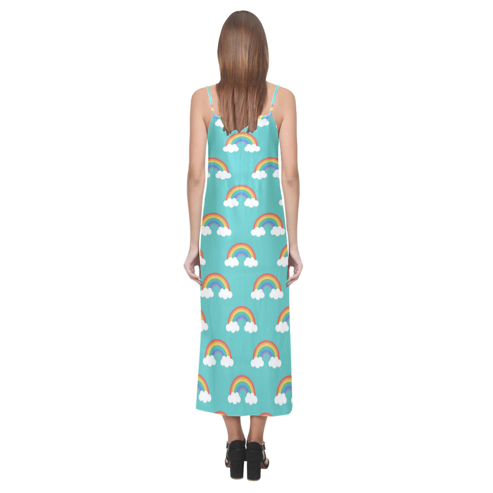 Rainbow pattern green background V-Neck Open Fork Long Dress