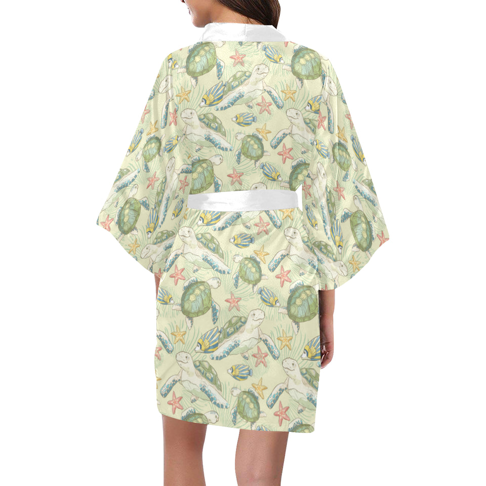 Hand drawn sea turtle fish pattern Women's Short Kimono Robe