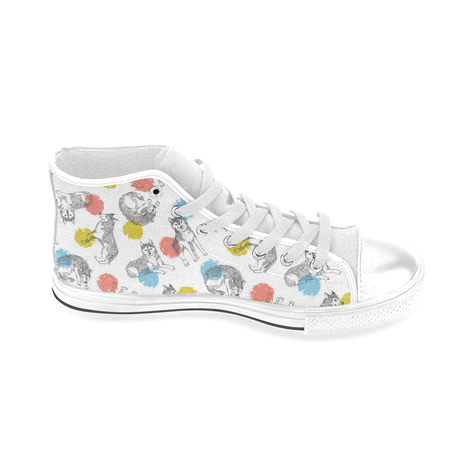 Siberian husky and colorful circle pattern Men's High Top Canvas Shoes White