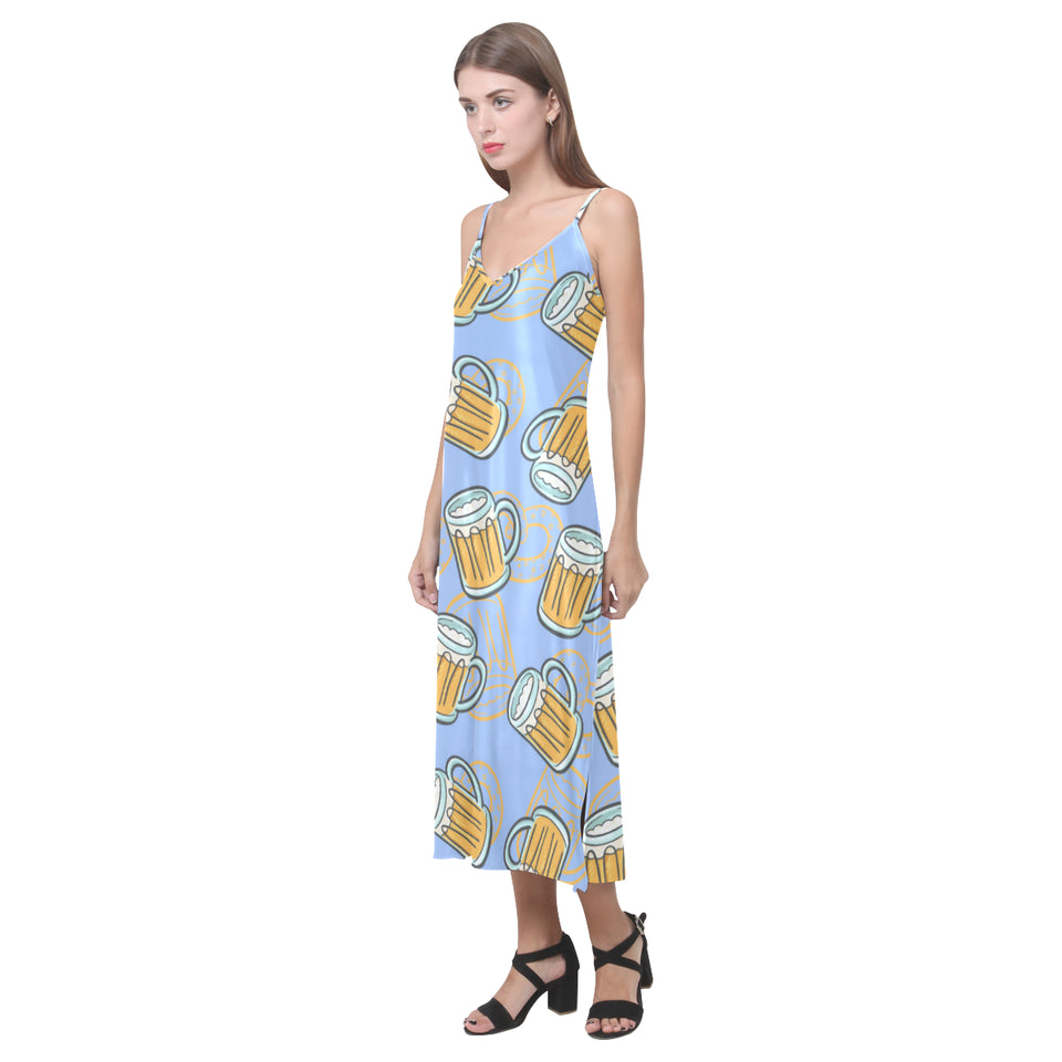 Beer pattern V-Neck Open Fork Long Dress
