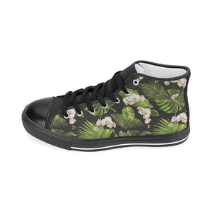 White orchid flower tropical leaves pattern blackg Women's High Top Canvas Shoes Black