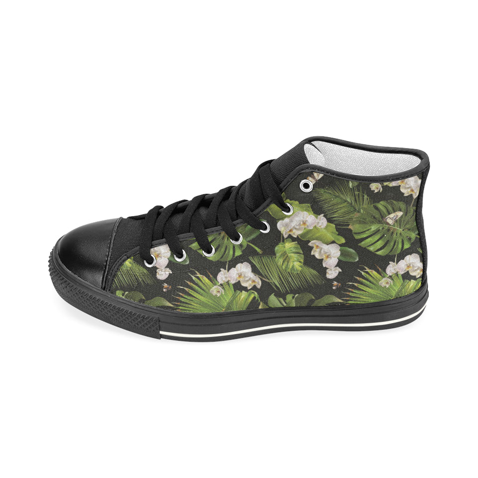 White orchid flower tropical leaves pattern blackg Women's High Top Canvas Shoes Black