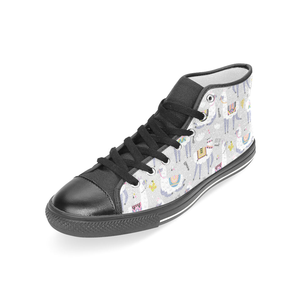 Cute Llama Alpaca pattern Women's High Top Canvas Shoes Black