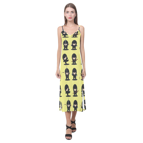 Cute ninja yellow background V-Neck Open Fork Long Dress