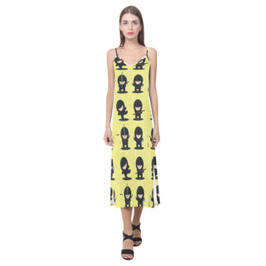 Cute ninja yellow background V-Neck Open Fork Long Dress