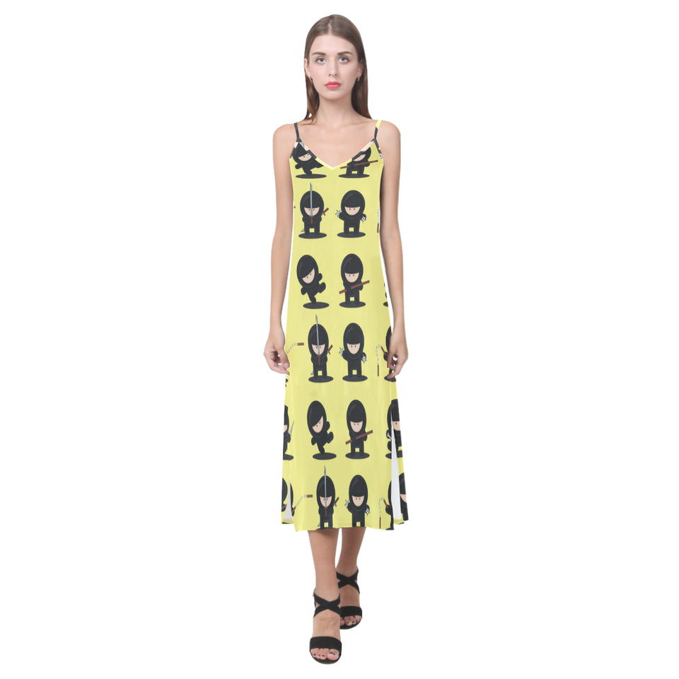 Cute ninja yellow background V-Neck Open Fork Long Dress