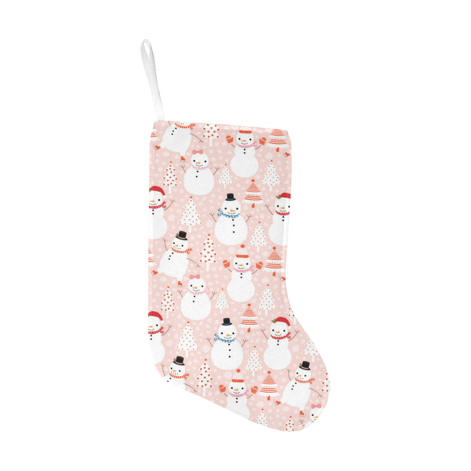 Cute snowman christmas tree snowpink background Christmas Stocking