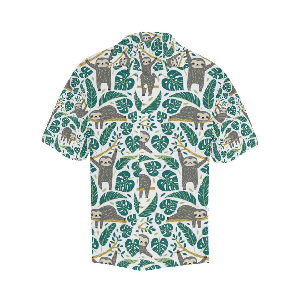 Cute sloths tropical palm leaves white background Men's All Over Print Hawaiian Shirt