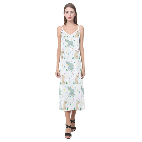 Cute Rhino pattern V-Neck Open Fork Long Dress