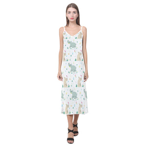 Cute Rhino pattern V-Neck Open Fork Long Dress