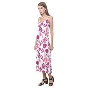 pink sketch tulip pattern V-Neck Open Fork Long Dress