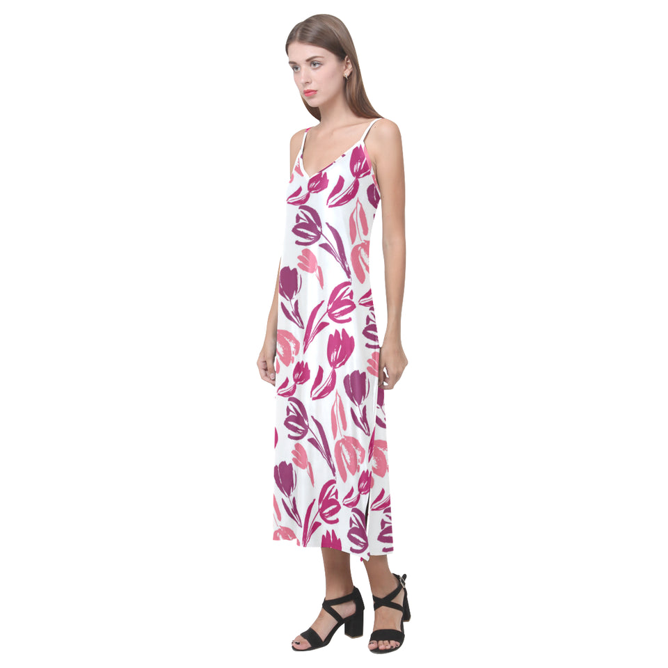 pink sketch tulip pattern V-Neck Open Fork Long Dress