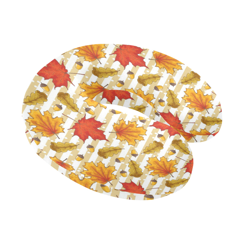 Maple leaf oak leaf acorns beige striped backgroun U-Shaped Travel Neck Pillow