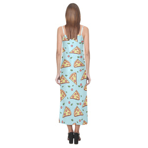 Hand drawn pizza blue background V-Neck Open Fork Long Dress