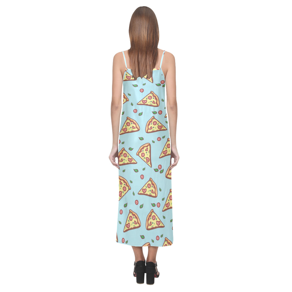 Hand drawn pizza blue background V-Neck Open Fork Long Dress