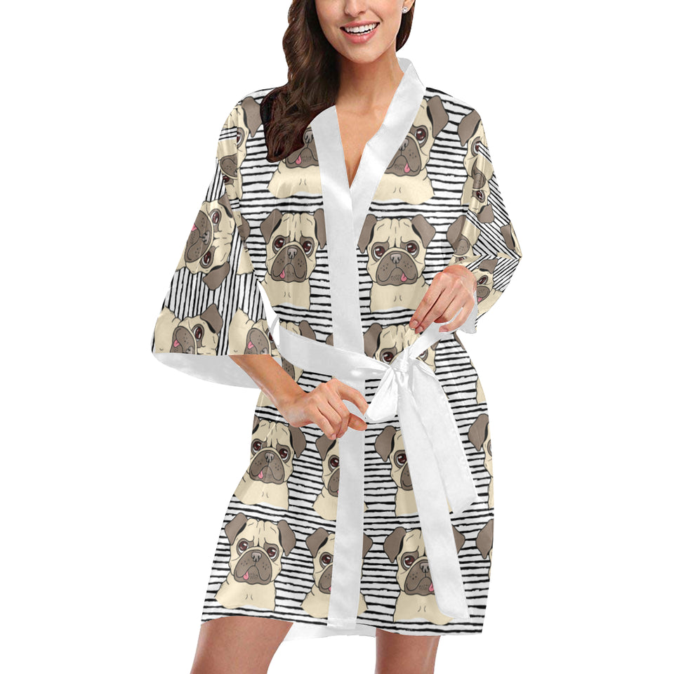 Happy pug pattern Women's Short Kimono Robe