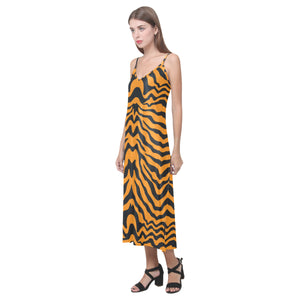 Bengal tigers skin print pattern V-Neck Open Fork Long Dress