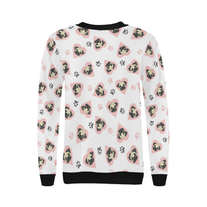 Cute pugs pink heart paw pattern Women's Crew Neck Sweatshirt