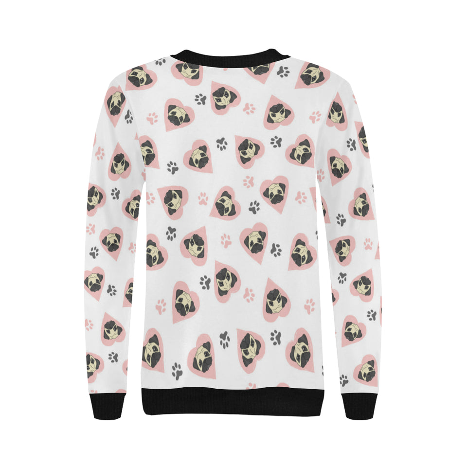 Cute pugs pink heart paw pattern Women's Crew Neck Sweatshirt