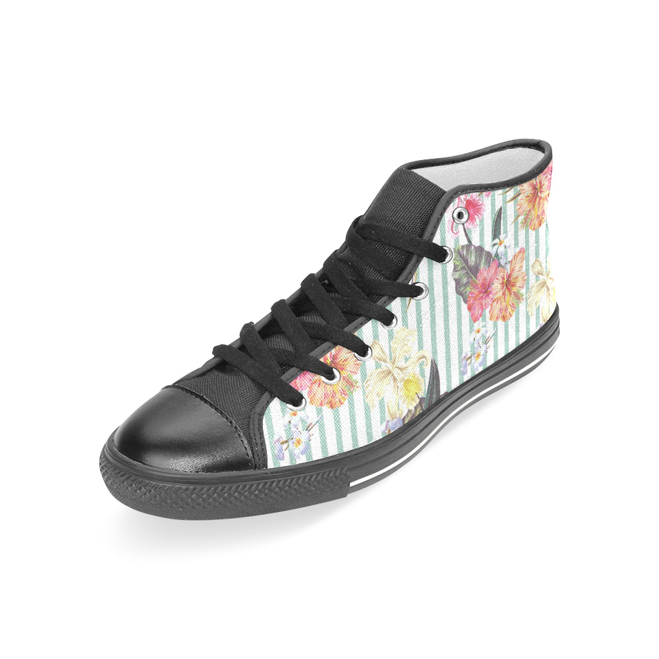 Colorful orchid flower pattern Women's High Top Canvas Shoes Black