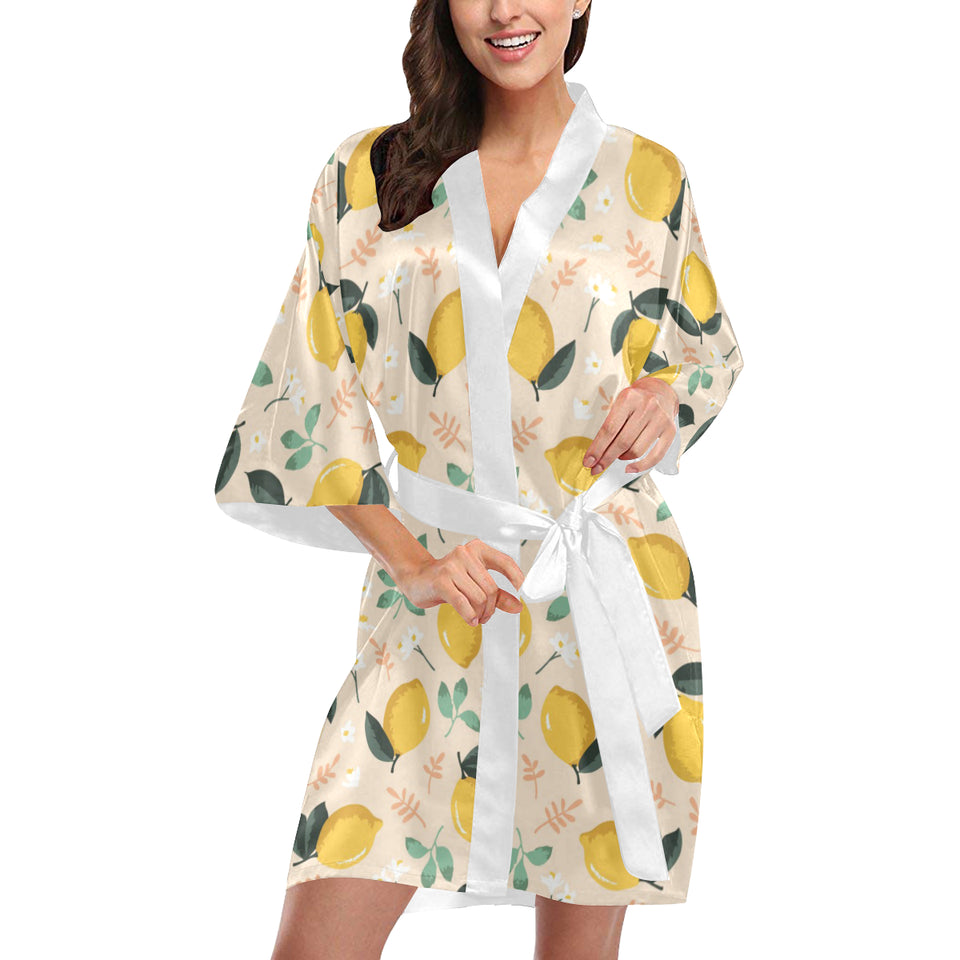 lemon flower leave pattern Women's Short Kimono Robe