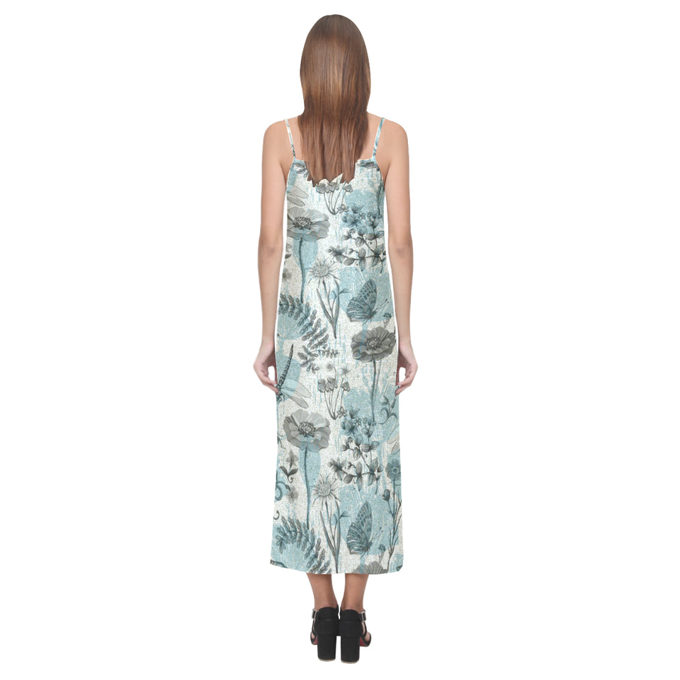 Dragonfly Butterfly Plants insect flower vintage s V-Neck Open Fork Long Dress