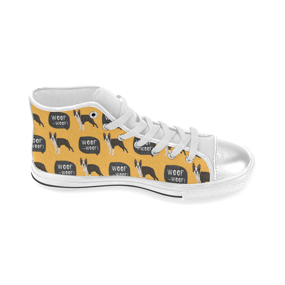 Boston terrier design pattern Women's High Top Canvas Shoes White