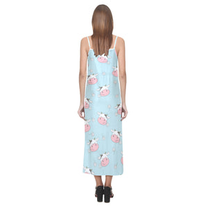 Cute cow flower pattern V-Neck Open Fork Long Dress