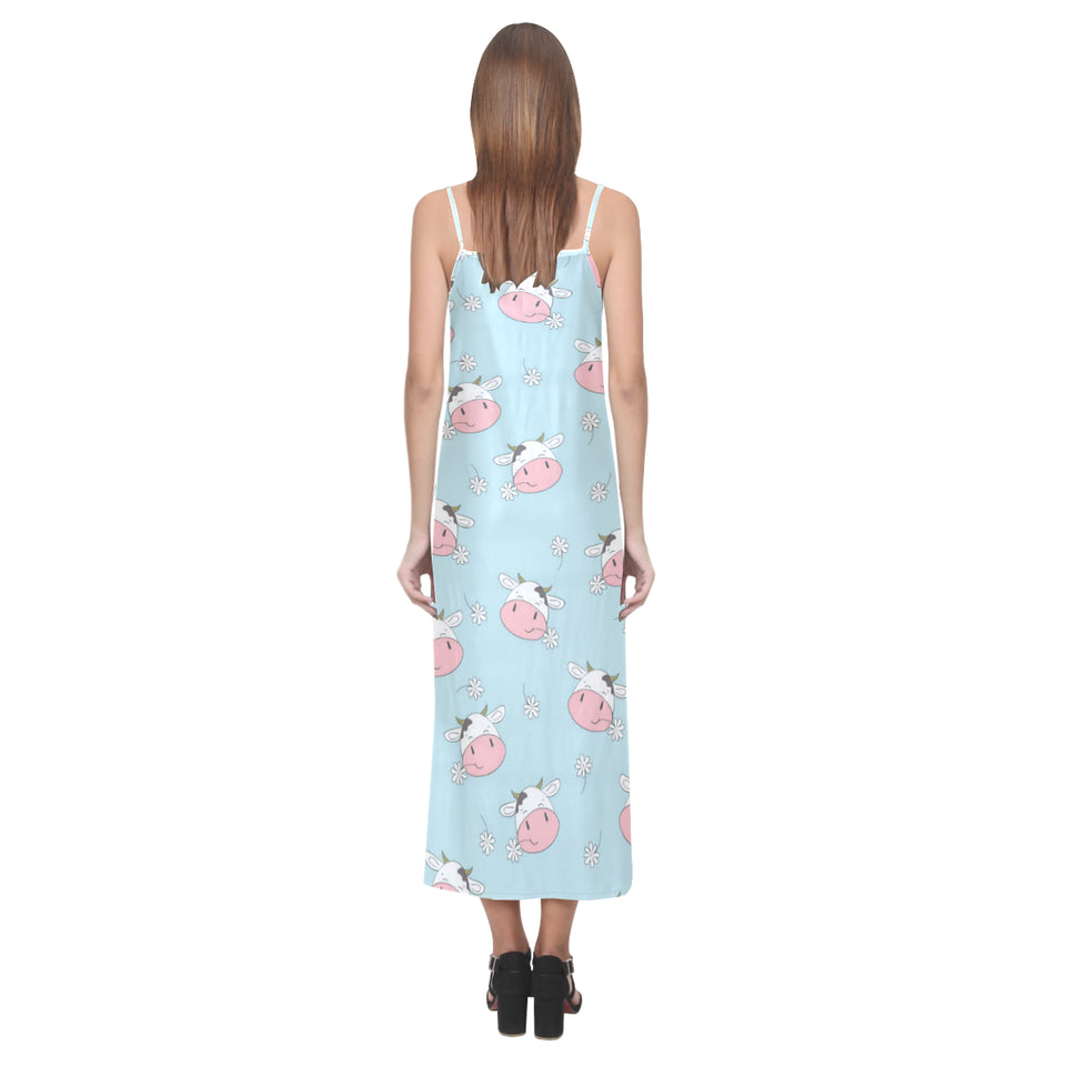 Cute cow flower pattern V-Neck Open Fork Long Dress